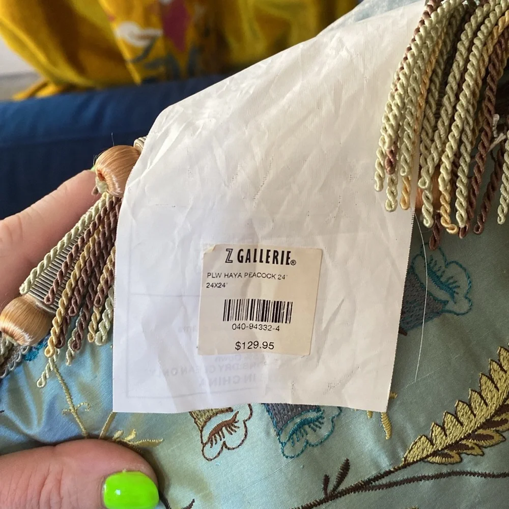 NWT Z Gallerie Silk Velvet Embroidered Throw Pillow 24x24 Blue Floral Fringe